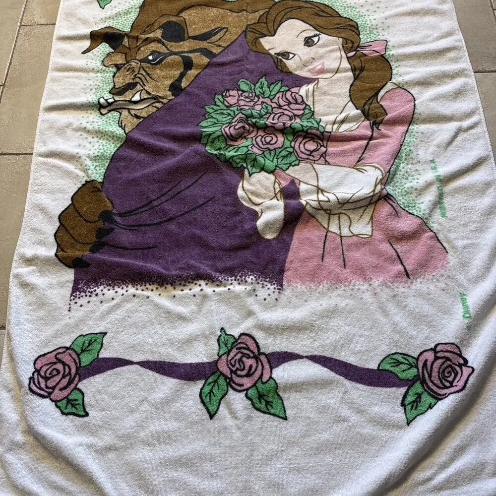 Vtg 90s Disney Beauty and the Beast Beach Towel Franco Belle Beast Rare Kidcore